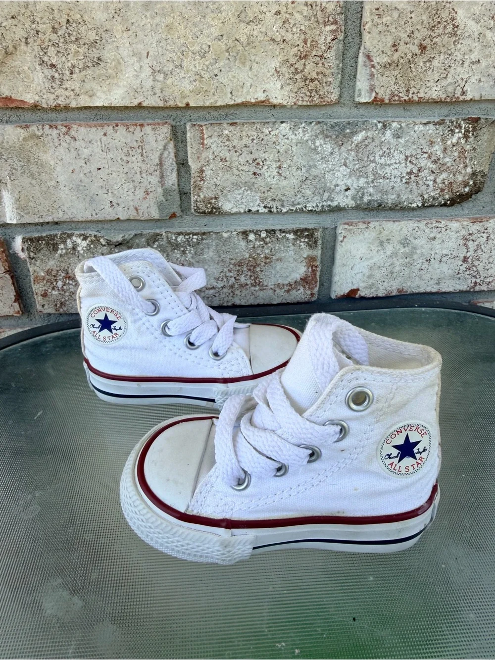 Converse Infant White High Top Sneakers with Red Stripe